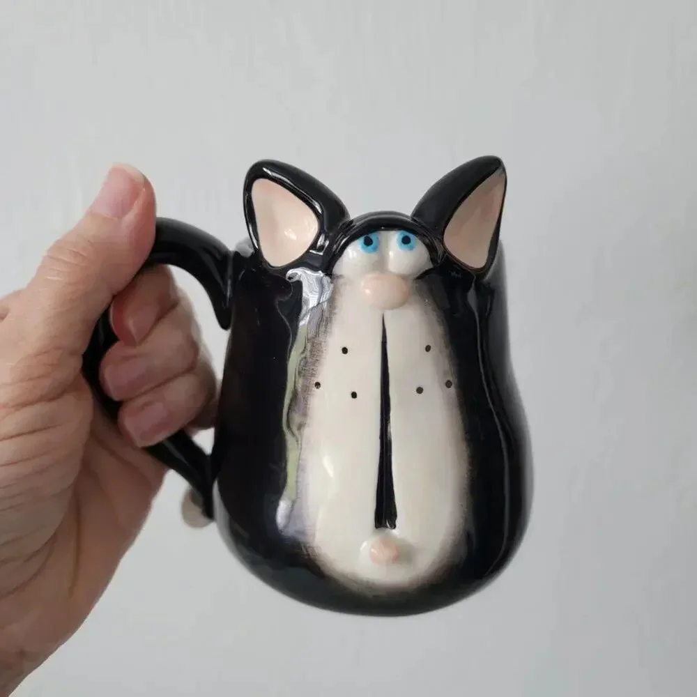 Stylized Cat Ceramic Mug Black Cream Figural Coffee Cup Cat Lover Collectible